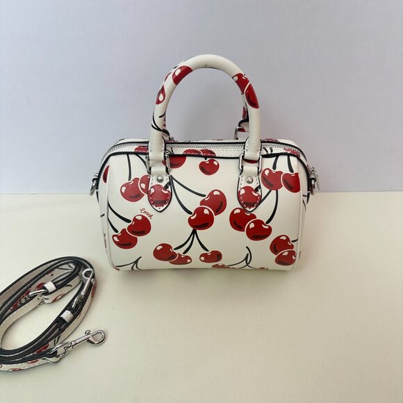 Coach Rowan Cherry Print Boston Bag | White Girlish Tote/Crossbody Bucket Bag - Picture 3 of 10